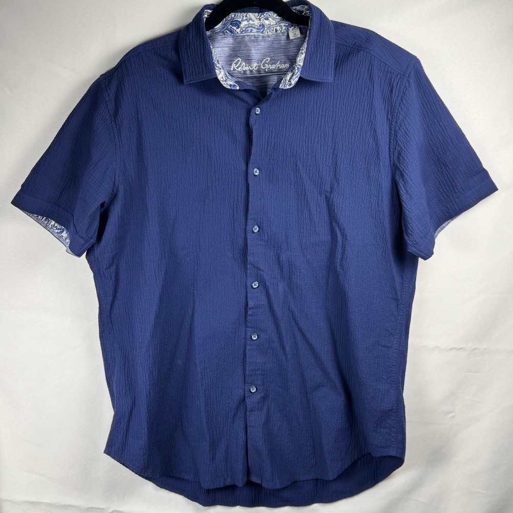 Robert Graham Mens Blue Seersucker Short Sleeve Button Down Shirt Classic Fit M